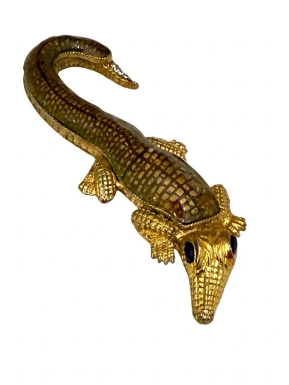 St. John Vintage 90s Gold Textured Alligator Brooch Pin Jewel Eyes
